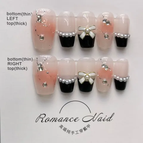Handmade Press On Nails French Black Blush Pink Gradient White Bow Pearl Rhinestone Elegant Coquette Style Fake Nails