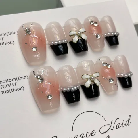 Handmade Press On Nails French Black Blush Pink Gradient White Bow Pearl Rhinestone Elegant Coquette Style Fake Nails