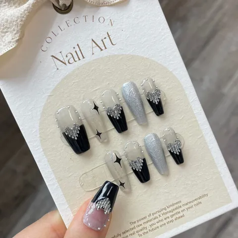 Handmade Coffin Press On Nails Dark Punk Black Silver Heart Cross Star Pattern 3D Rhinestone Gemstone Decorative Fake Nails