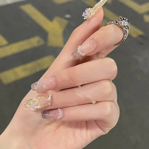 Handgemaakte Lange Coffin Nepnagels Roze Zilver Verloop 3D Vlinder Kunstparel Strass Herbruikbare Kunstnagels Voor Vrouwen
