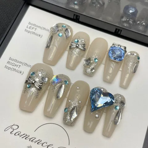 Handmade Press On Nails Blue Heart Rhinestones Silver Bowknot Coffin False Nails Women Daily Party Nail Art