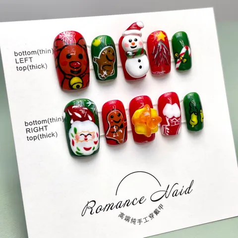 Handmade Christmas Press On Nails With 3D Embossed Santa Claus Snowman Elk Gingerbread Man Festive Red Green White Decorative Fake Nails Women