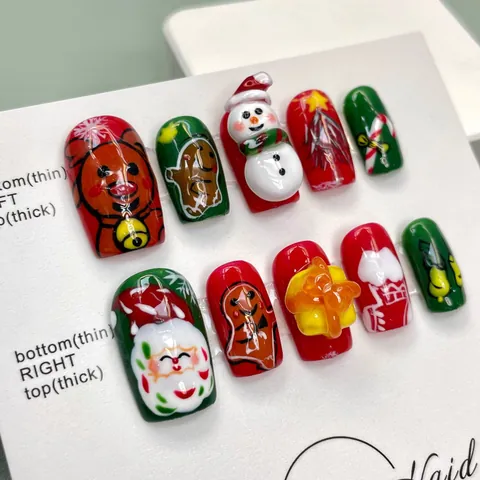 Handmade Christmas Press On Nails With 3D Embossed Santa Claus Snowman Elk Gingerbread Man Festive Red Green White Decorative Fake Nails Women