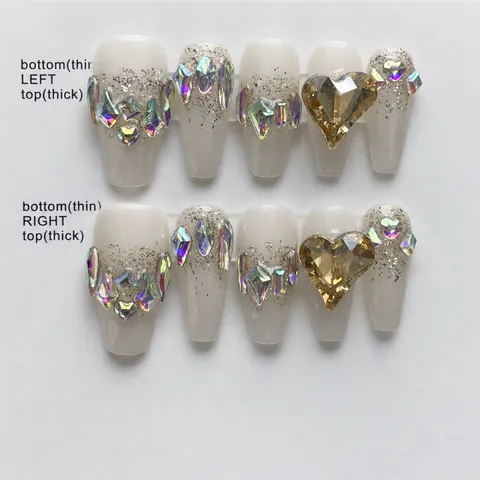 Fait à la Main Luxe Press On Nails Plein Strass Nude Glacé Transparent Faux Ongles Paillettes Cœur Gemme Strass Incrusté Ongles pour Femmes