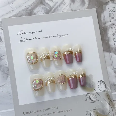 Luxury Handmade Gradient Press On Nails With Artificial Pearl Star Decor Starry Sky Style Reusable False Nails For Women Beauty Art