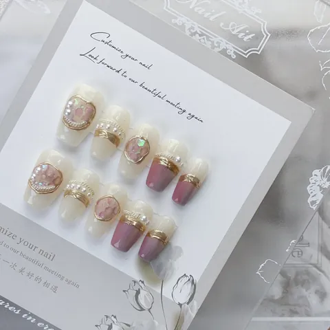 Luxury Handmade Gradient Press On Nails With Artificial Pearl Star Decor Starry Sky Style Reusable False Nails For Women Beauty Art