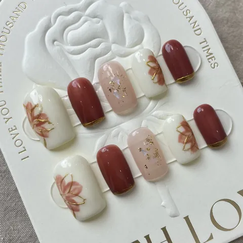 Uñas Postizas Florales Hechas a Mano Elegante Pan de Oro Ámbar Burdeos Blanco Lechoso Uñas Postizas para Mujer Diario DIY