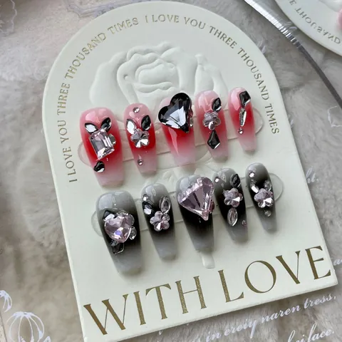 Handmade Press On Nails Gradient Blackberry Color Coffin Shape Luxury Rhinestone Heart Butterfly Design False Nails For Women