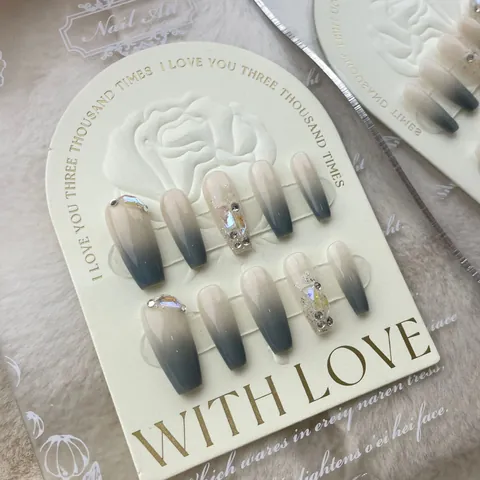 Uñas Postizas Hechas a Mano Plástico Resina Strass Degradado Uñas Decorativas Coffin Ovalado para Belleza Mujer