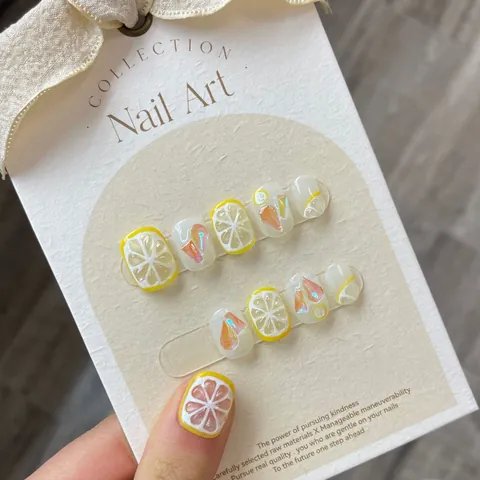 Unghie Finte Fatte a Mano Estivo Limone Stile Francese Design Frutta 3D Giallo Bianco Copertura Totale Unghie Finte Donna