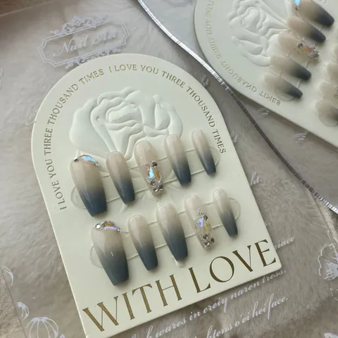 Uñas Postizas Hechas a Mano Plástico Resina Strass Degradado Uñas Decorativas Coffin Ovalado para Belleza Mujer