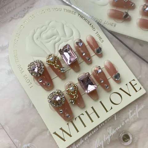 Luxury Hand-made Press-on Nails Rhinestone Pearl Heart Zirconia Decor Nude Pink Red Long Short False Nails Reusable For Women Party Wedding
