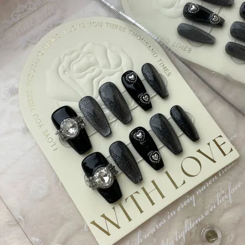Handmade Press On Nails 3D Relief Rhinestone Heart Dark Gothic Style Christmas Gingerbread Man Reindeer Decoration False Nails For Women