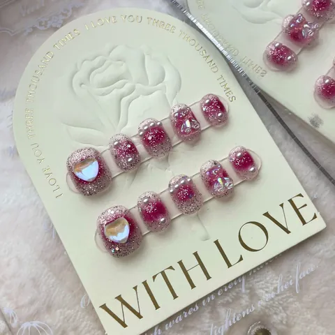 Uñas Postizas Hechas a Mano Degradado de Rubor Rosa Corazón Oso Perla Artificial Strass 3D Uñas Reutilizables para Mujeres