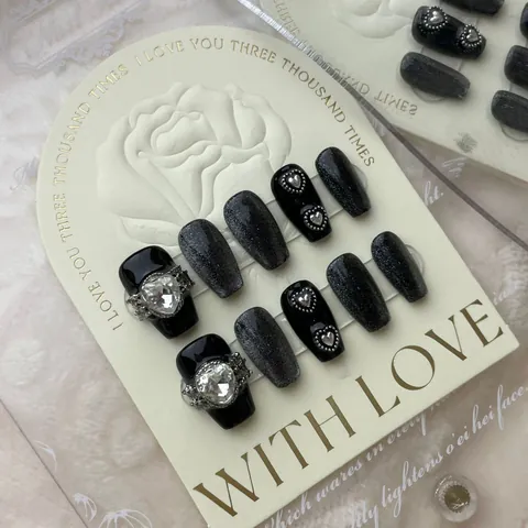 Handmade Press On Nails 3D Relief Rhinestone Heart Dark Gothic Style Christmas Gingerbread Man Reindeer Decoration False Nails For Women