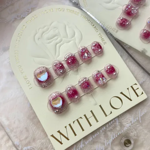 Uñas Postizas Hechas a Mano Degradado de Rubor Rosa Corazón Oso Perla Artificial Strass 3D Uñas Reutilizables para Mujeres