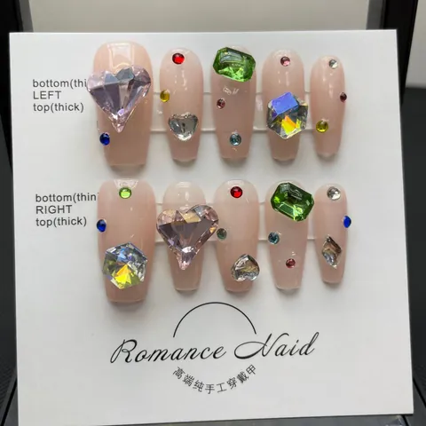 Uñas Postizas a Presión Hechas a Mano De Lujo Con Decoración De Corazón De Strass 3D Y Gemas Uñas Reutilizables Mujer