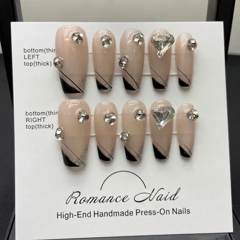 Handgefertigte Schwarze Französische Lange Sargform Künstliche Nägel Mit Herz Strass Silber Glitzer Elegante Glänzende Falsche Nägel Für Damen