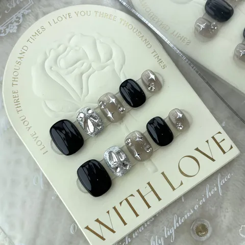 Handmade Press On Nails Translucent Black Smudge Star Sparkle Rhinestone Square Round Fake Nails For Women Nail Art Decoration