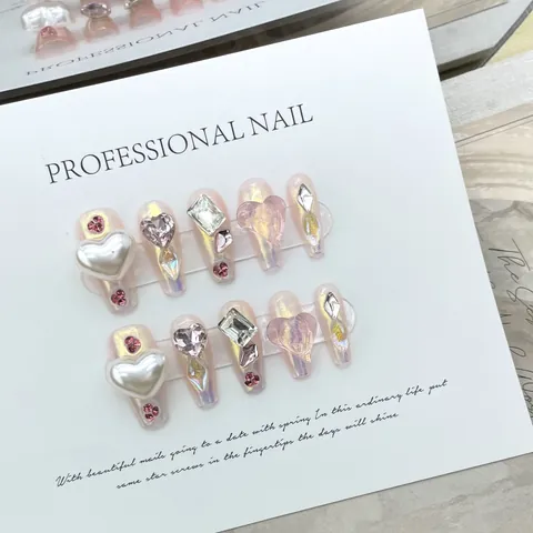 Handmade Iridescent Pink Heart Press On Nails Long Coffin False Nails With Rhinestone Pearl 3D Nail Art For Women Jewelry