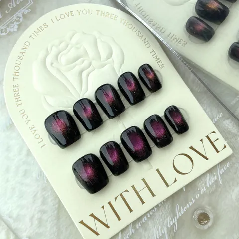Unghie Finte a Pressione Artigianali Occhio di Gatto Galassia Nero Rosa Con Stelle Pianeti Quadrato Rotondo Corto per Donna