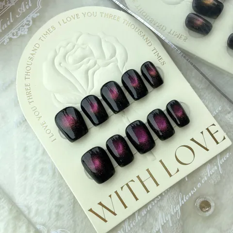 Unghie Finte a Pressione Artigianali Occhio di Gatto Galassia Nero Rosa Con Stelle Pianeti Quadrato Rotondo Corto per Donna