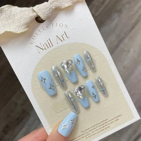 Uñas Postizas de Ataúd Hechas a Mano Color Azul Plata Diseño Corazón Estrella Para Mujer Manicura Diaria Fiesta Decoración