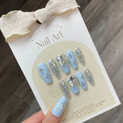 Uñas Postizas de Ataúd Hechas a Mano Color Azul Plata Diseño Corazón Estrella Para Mujer Manicura Diaria Fiesta Decoración