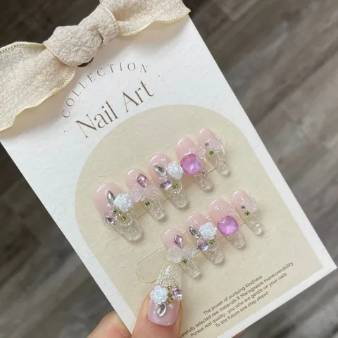Handmade Press On Nails 3D Camellia Flower Rhinestone Pearl Decor Long Short Coffin Shape Luxury Fake Nails For Women Nail Art