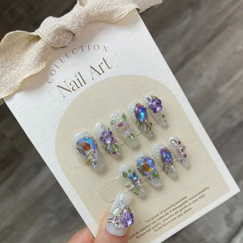 Unghie Finte Artigianali Lusso Viola Strass Fiore Glitter Stile Fata Riutilizzabili Eleganti Unghie Postize per Donna