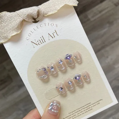 Star Girl Cat Eye French Press On Nails Pink Sparkling Rhinestone Cute Handmade Fake Nails With Jelly Glue And Tools For Women Manicure Art