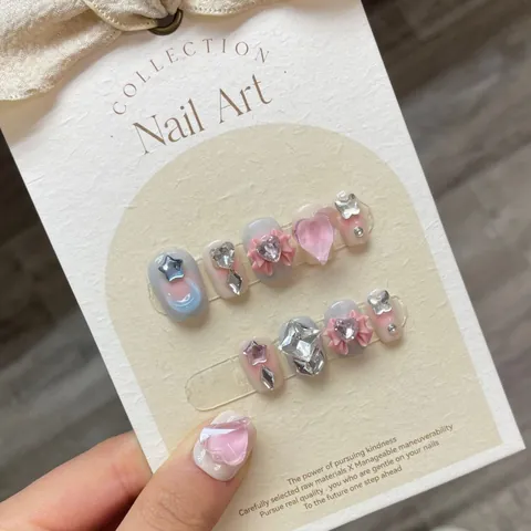 Handmade Press On Nails Mocha Coffin Shape 3D Resin Heart Bow Rhinestone Star Design Sweet Y2K Manicure For Women