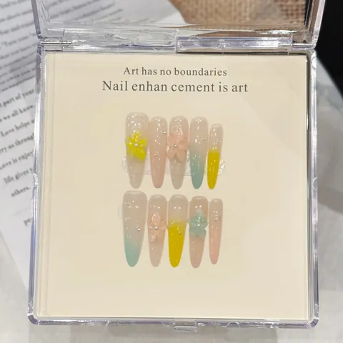 Χειροποίητα Τεχνητά Νύχια Macaron Διαβάθμιση Με 3D Λουλούδια Μαργαριτάρια Αστέρι Διακόσμηση Μακριά Μυτερά Ρητίνη Νύχια