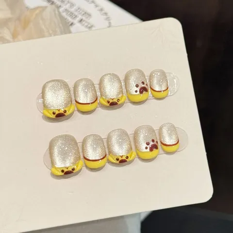 Unghie Finte Fatte a Mano Effetto Occhio di Gatto Glitter Zampa di Gatto 3D French Tip Giallo Cartone Animato Resina per Donna