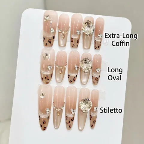 Faux Ongles à Presser Faits Main Léopard Sucre d'Érable Oeil de Chat Doré Strass Forme Coffin Ovale Stiletto Femmes