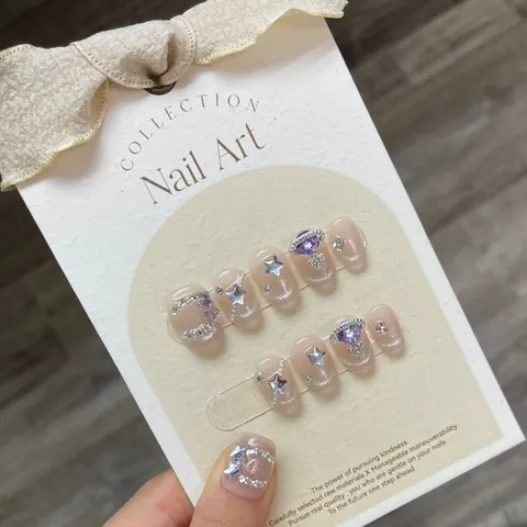 Star Girl Cat Eye French Press On Nails Pink Sparkling Rhinestone Cute Handmade Fake Nails With Jelly Glue And Tools For Women Manicure Art
