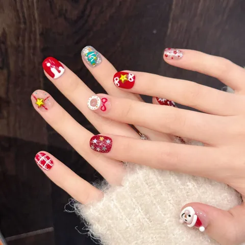Handmade Christmas Snowman 3D Relief Press On Nails Short Round Red White Glitter Nail Art Set Festive Decorations For Women