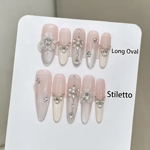 Faux Ongles Français Faits Main Longs Stiletto Avec Décoration Fleur Blanche 3D Strass Künstliche Perle Effet Œil de Chat Luxe Femme