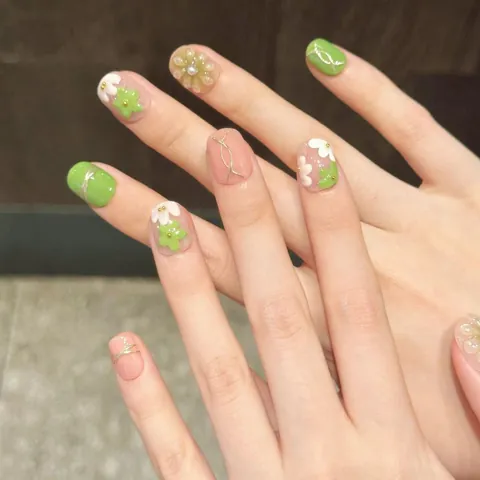Japanese Style Spring Summer Handmade Flower Press On Nails 3D Relief Floral Faux Pearl Gold Line Green Pink Nude Manicure
