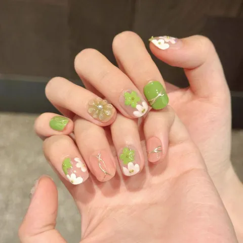 Japanese Style Spring Summer Handmade Flower Press On Nails 3D Relief Floral Faux Pearl Gold Line Green Pink Nude Manicure