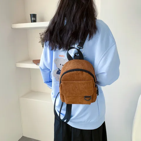 Women's Vintage Corduroy Mini Backpack Simple Solid Color Small Travel Bag For Daily Casual Use Lightweight Retro School Bag