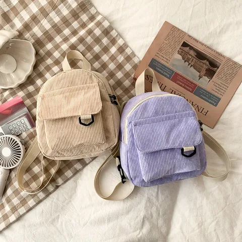 Mini Corduroy Backpack Casual Small Daypack Lightweight Travel School Bookbag Urban Minimalist Style For Women Girls