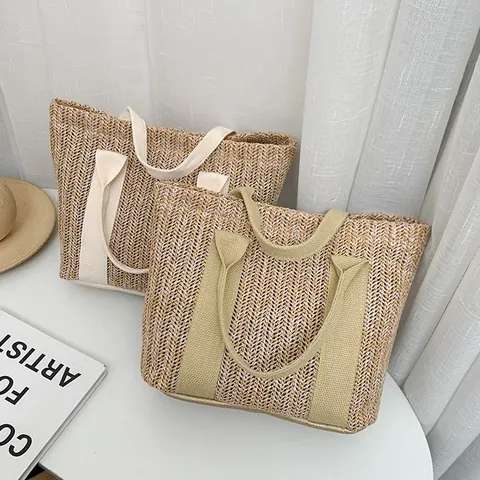 Damen Große Kapazität Gewebte Stroh Tragetasche Lässig Strand Schultertasche Sommerurlaub Kontrast Griff Handtasche