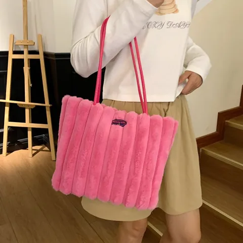 Women Plush Quilted Tote Bag Large Capacity Soft Faux Fur Vertical Stripe Handbag With Fashion Girl Patch Winter Casual Shoulder Bag