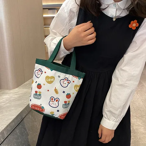 Cute Cartoon Rabbit Canvas Bucket Bag Portable Lunch Handbag With Strawberry Printed Casual Fashion Shopping Tote For Women
