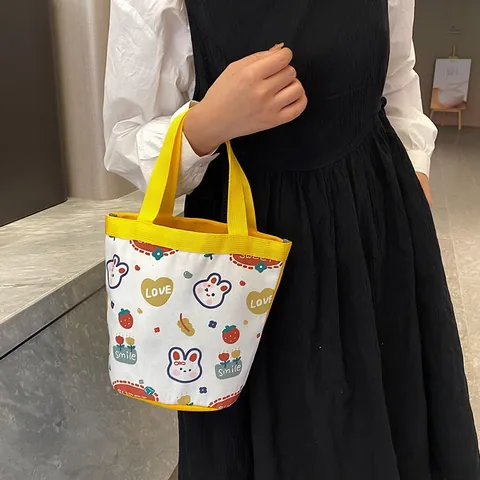 Cute Cartoon Rabbit Canvas Bucket Bag Portable Lunch Handbag With Strawberry Printed Casual Fashion Shopping Tote For Women