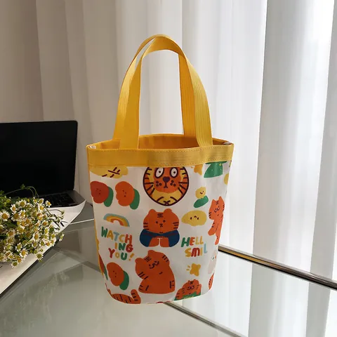 Sac Seau en Toile avec Imprimé Tigre de Dessin Animé Mignon Sac à Main Cylindrique Portable pour Étudiants Femmes Casual