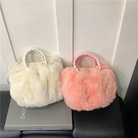 Sac à Main Femme en Fausse Fourrure Peluche Nuage Plissé Sac Bandoulière Avec Poignée Tissée Souple Automne Hiver