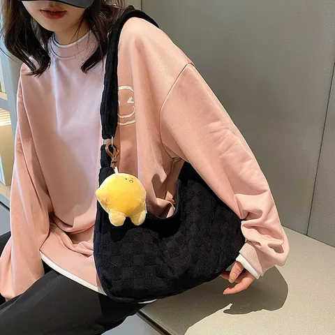 Waffle Texture Checkered Shoulder Bag Women Large Capacity Hobo Bag Adjustable Strap Casual Commuting Tote Crossbody Bag With Plush Charm