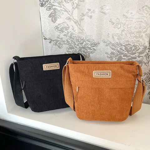 Vintage Corduroy Crossbody Bag For Women Small Square Shoulder Bag Retro Daily Commute Satchel With Fashion Label